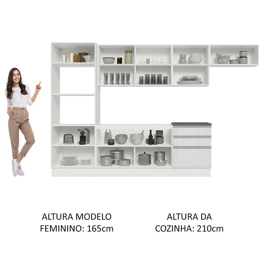 Armário de Cozinha Completa 100% MDF 330cm Frentes Branco Brilho Acordes Madesa 06 - Image 5