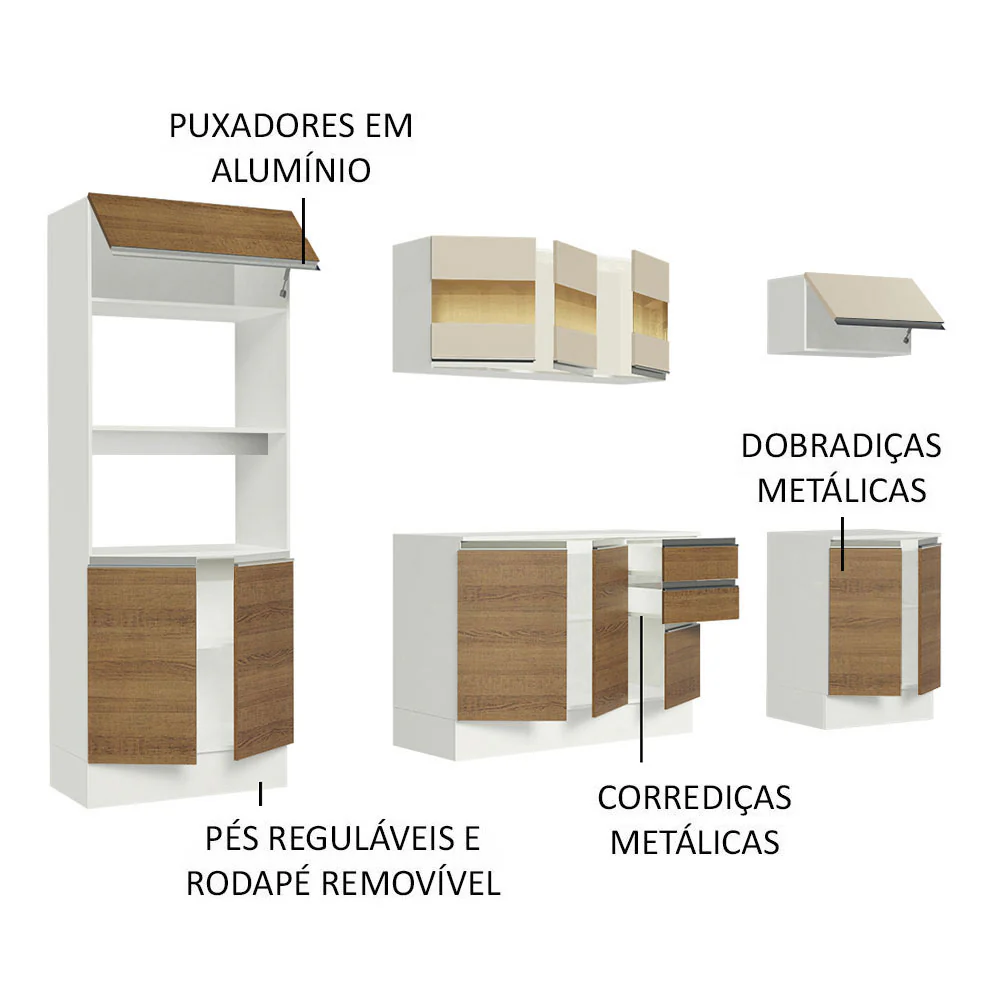 Armário de Cozinha Completa 100% MDF 250 cm Branco/Rustic/Crema Smart Madesa 01 - Image 4