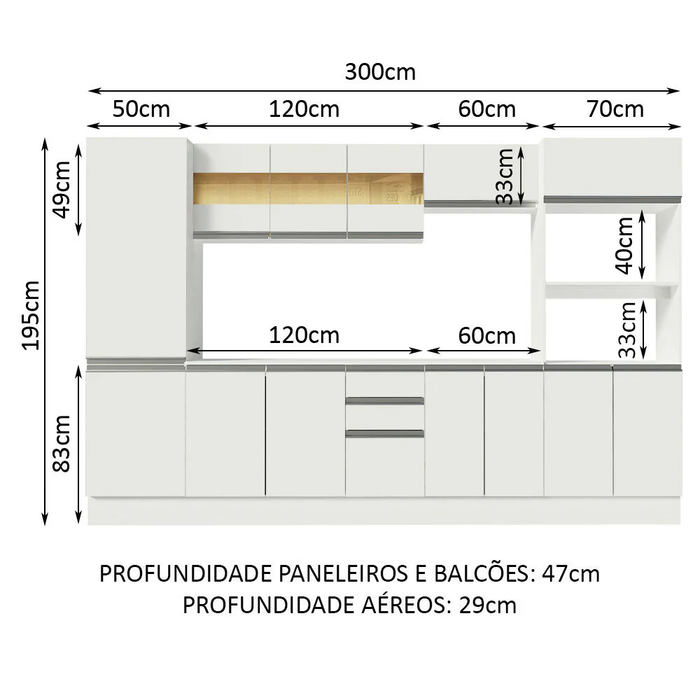 Armário de Cozinha Completa 100% MDF 300 cm Frentes Branco Smart Madesa 01 - Image 3