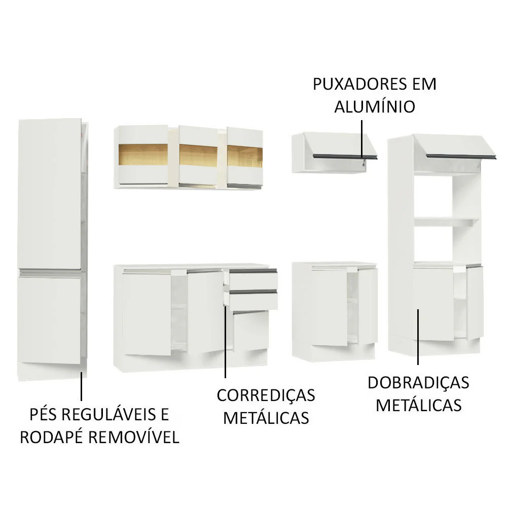 Armário de Cozinha Completa 100% MDF 300 cm Frentes Branco Smart Madesa 01 - Image 4