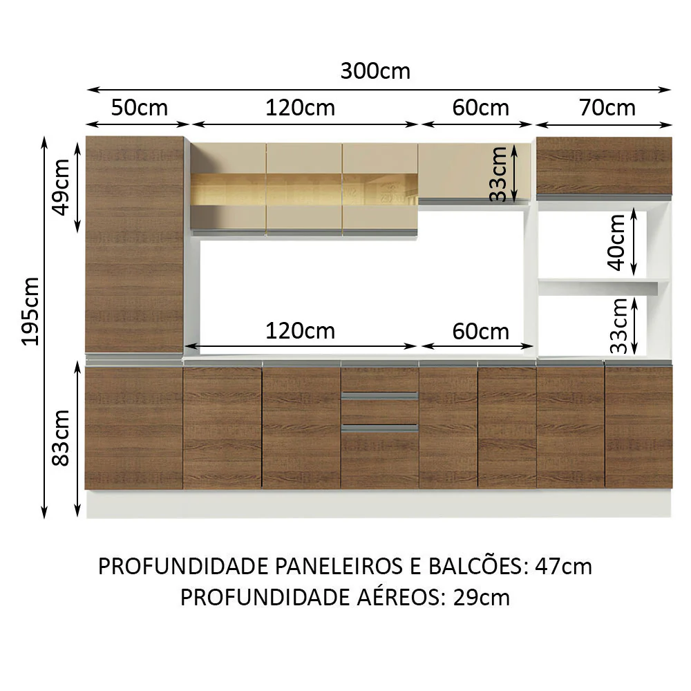 Armário de Cozinha Completa 100% MDF 300 cm Branco/Rustic/Crema Smart Madesa 01 - Image 3