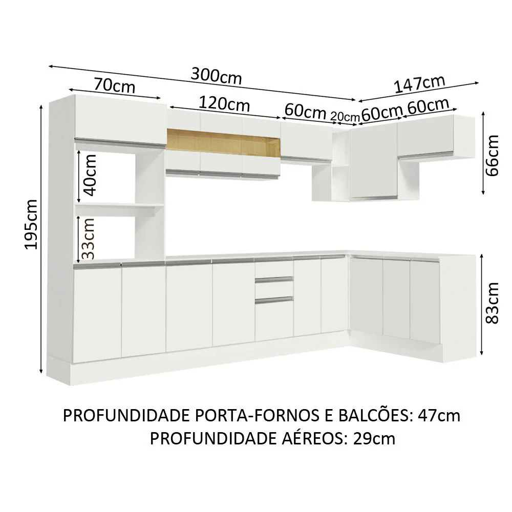 Armário de Cozinha Completa de Canto 100% MDF 448cm Branco Smart Madesa 01 - Image 3