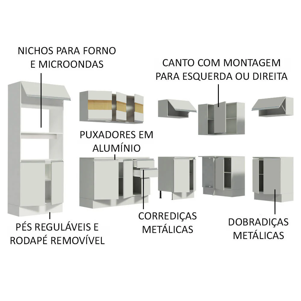 Armário de Cozinha Completa de Canto 100% MDF 448cm Branco Smart Madesa 01 - Image 4