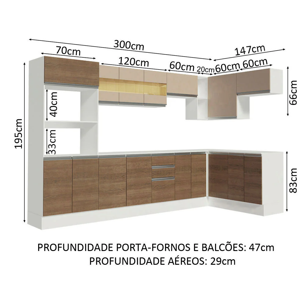Armário de Cozinha Completa de Canto 100% MDF 448cm Branco/Rustic/Crema Smart Madesa 01 - Image 3