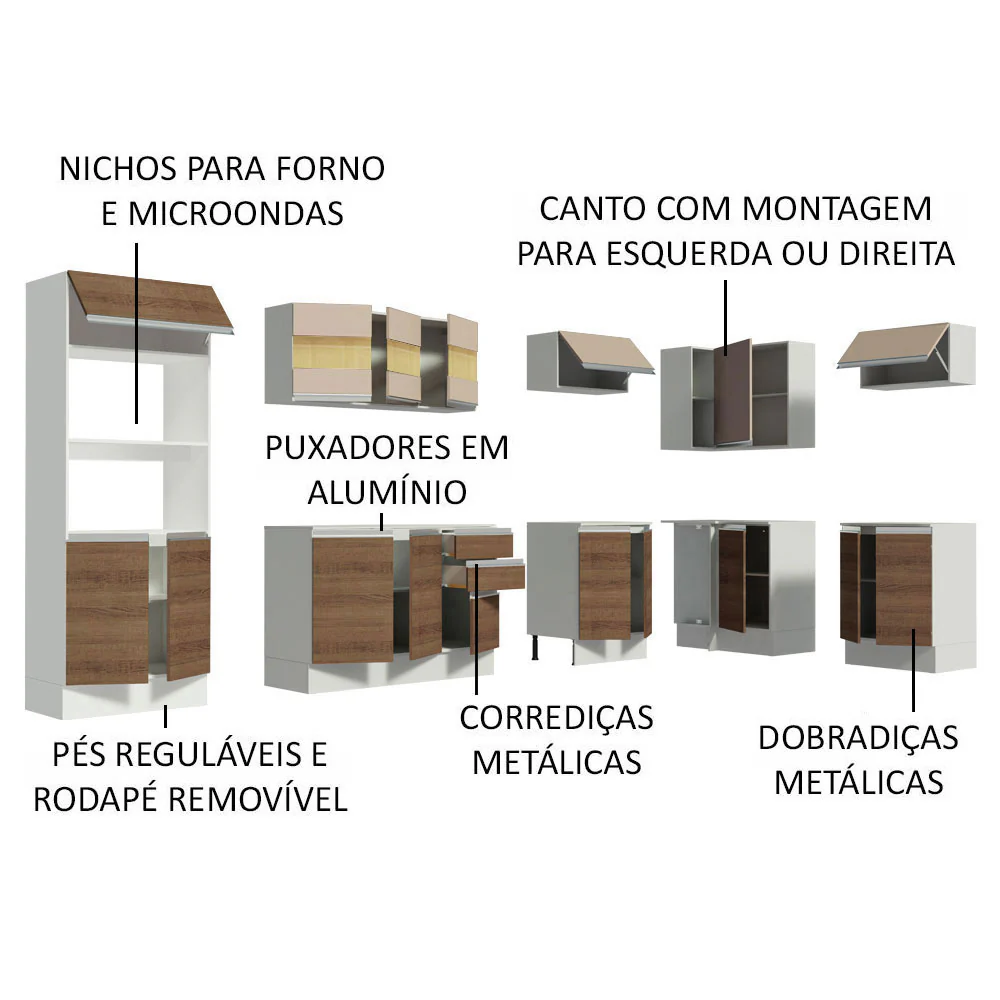 Armário de Cozinha Completa de Canto 100% MDF 448cm Branco/Rustic/Crema Smart Madesa 01 - Image 4
