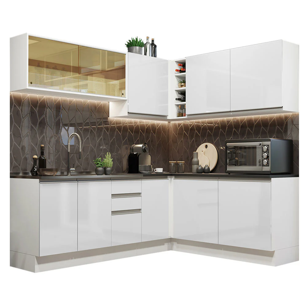 Armário de Cozinha Completa de Canto 100% MDF 389cm Frentes Branco Brilho Acordes Madesa 02 - Image 2
