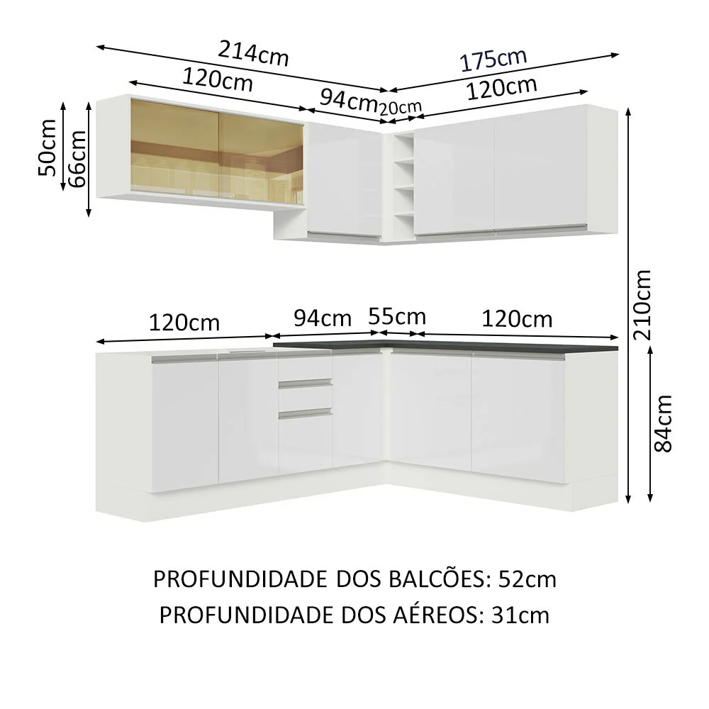 Armário de Cozinha Completa de Canto 100% MDF 389cm Frentes Branco Brilho Acordes Madesa 02 - Image 3