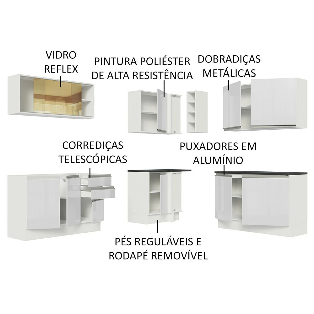 Armário de Cozinha Completa de Canto 100% MDF 389cm Frentes Branco Brilho Acordes Madesa 02 - Image 4