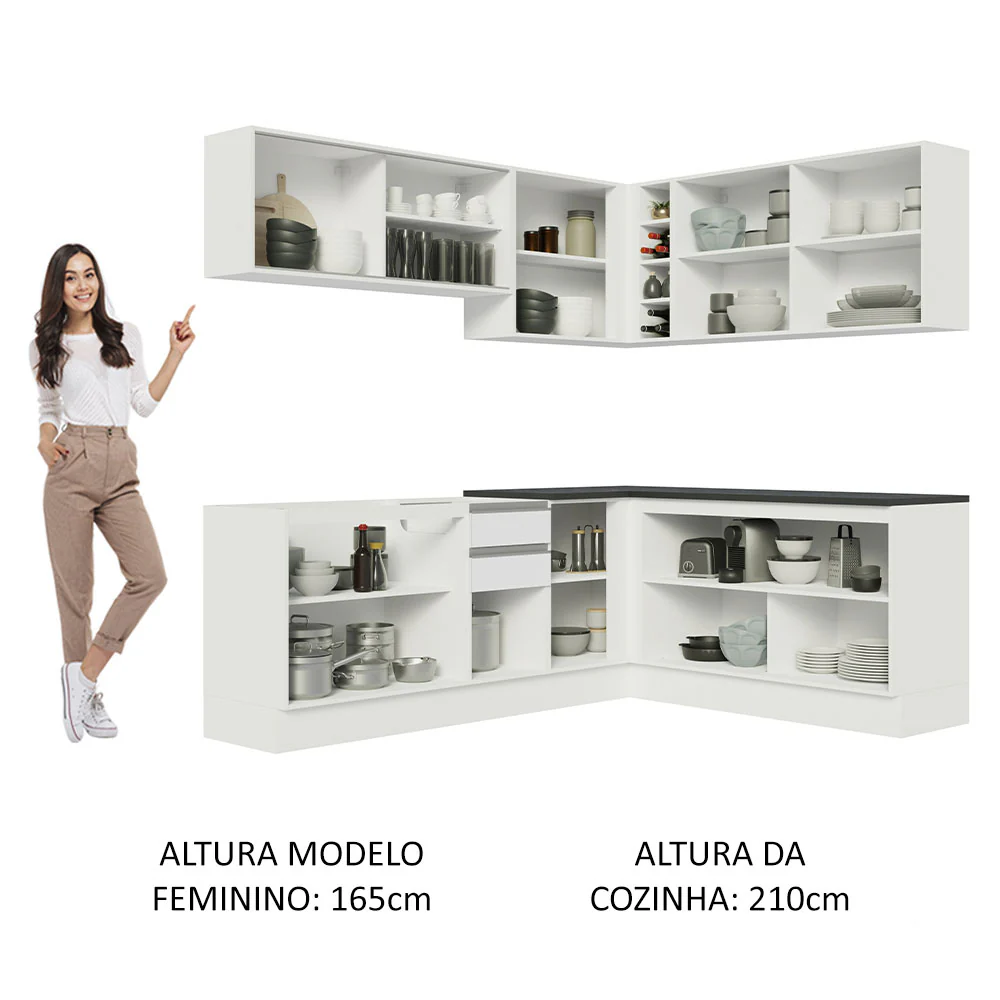 Armário de Cozinha Completa de Canto 100% MDF 389cm Frentes Branco Brilho Acordes Madesa 02 - Image 5