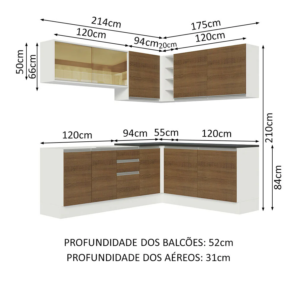 Armário de Cozinha Completa de Canto 100% MDF 389cm Branco/Rustic Acordes Madesa 02 - Image 3