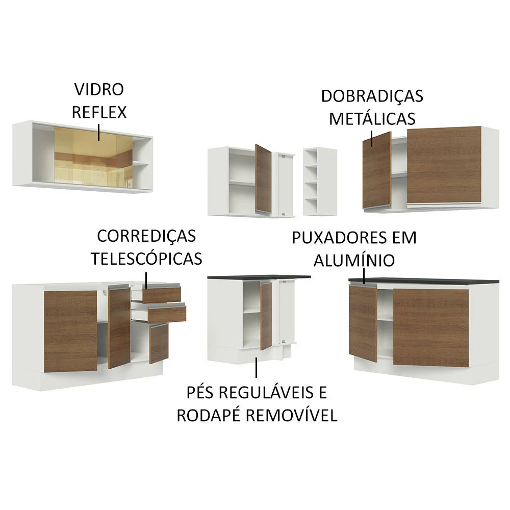 Armário de Cozinha Completa de Canto 100% MDF 389cm Branco/Rustic Acordes Madesa 02 - Image 4