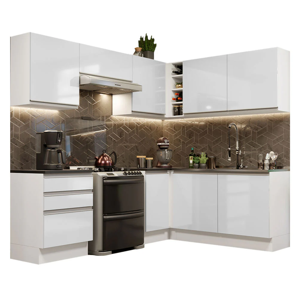 Armário de Cozinha Completa de Canto 100% MDF 409cm Frentes Branco Brilho Acordes Madesa 01 - Image 2