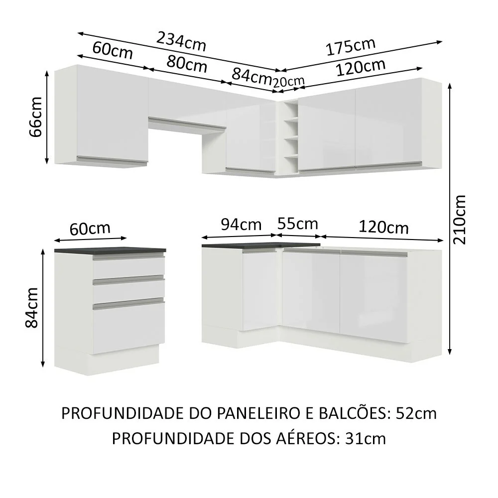 Armário de Cozinha Completa de Canto 100% MDF 409cm Frentes Branco Brilho Acordes Madesa 01 - Image 3