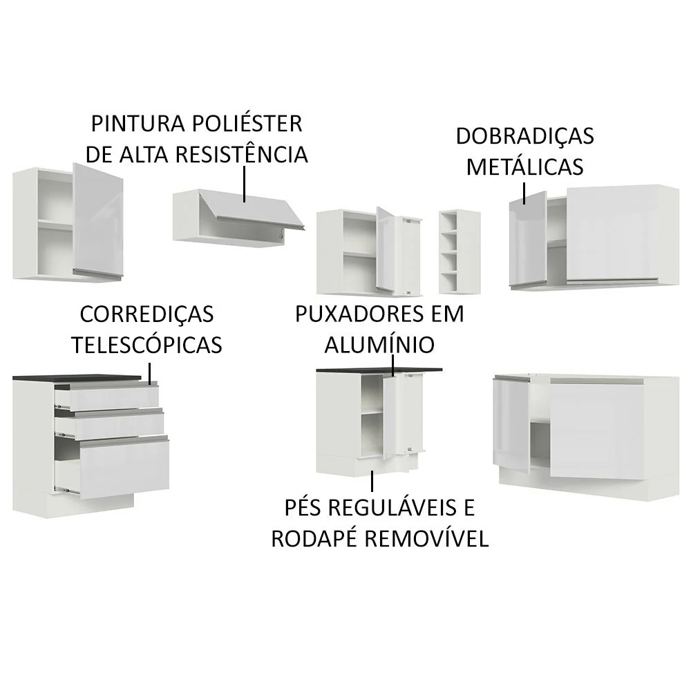Armário de Cozinha Completa de Canto 100% MDF 409cm Frentes Branco Brilho Acordes Madesa 01 - Image 4