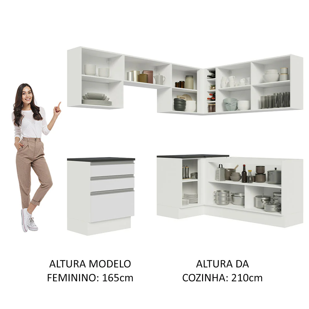Armário de Cozinha Completa de Canto 100% MDF 409cm Frentes Branco Brilho Acordes Madesa 01 - Image 5