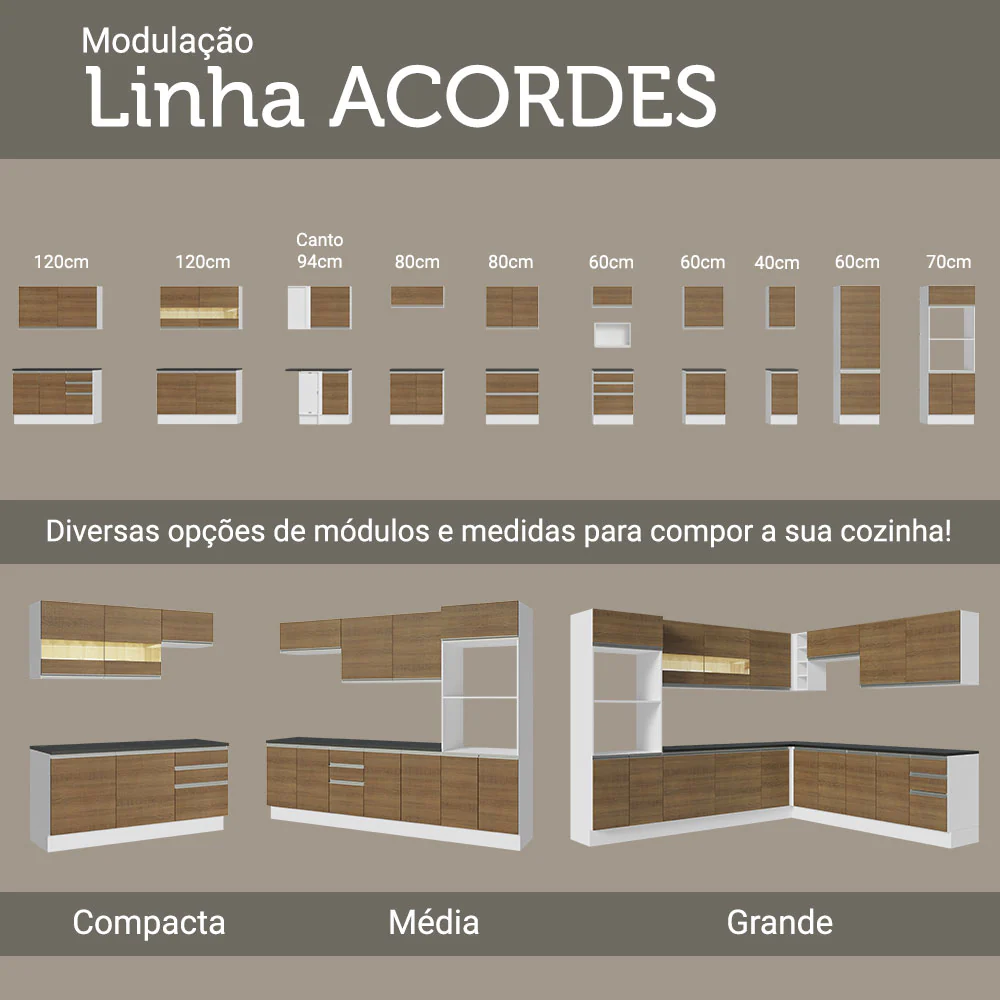 Armário de Cozinha Completa de Canto 100% MDF 409cm Branco/Rustic Acordes Madesa 01 - Image 10