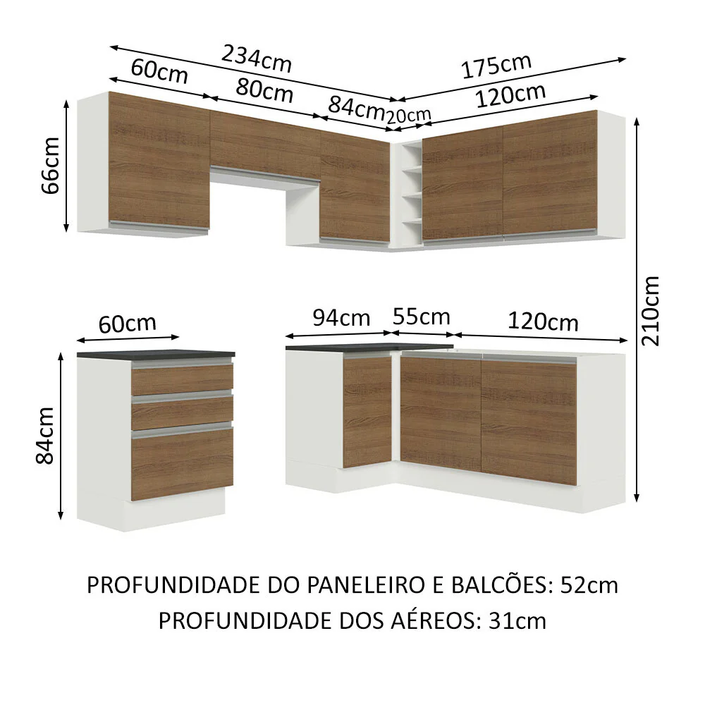 Armário de Cozinha Completa de Canto 100% MDF 409cm Branco/Rustic Acordes Madesa 01 - Image 3
