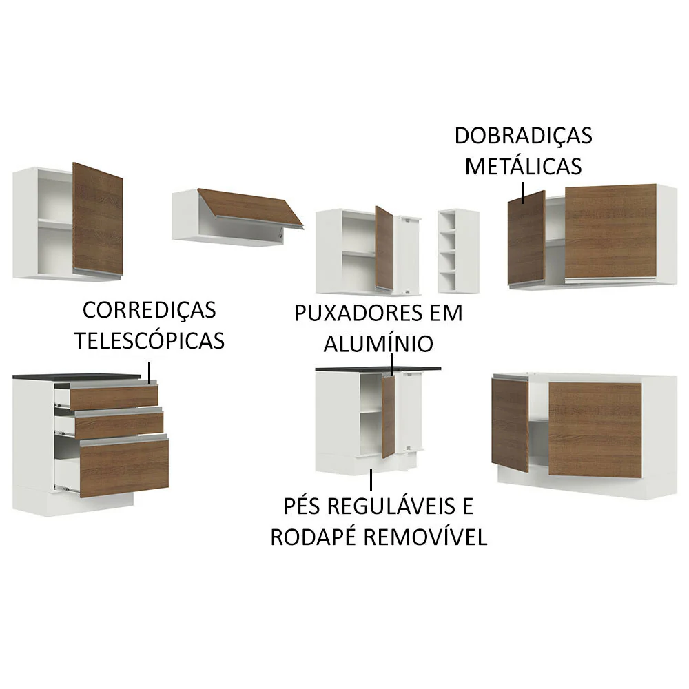 Armário de Cozinha Completa de Canto 100% MDF 409cm Branco/Rustic Acordes Madesa 01 - Image 4