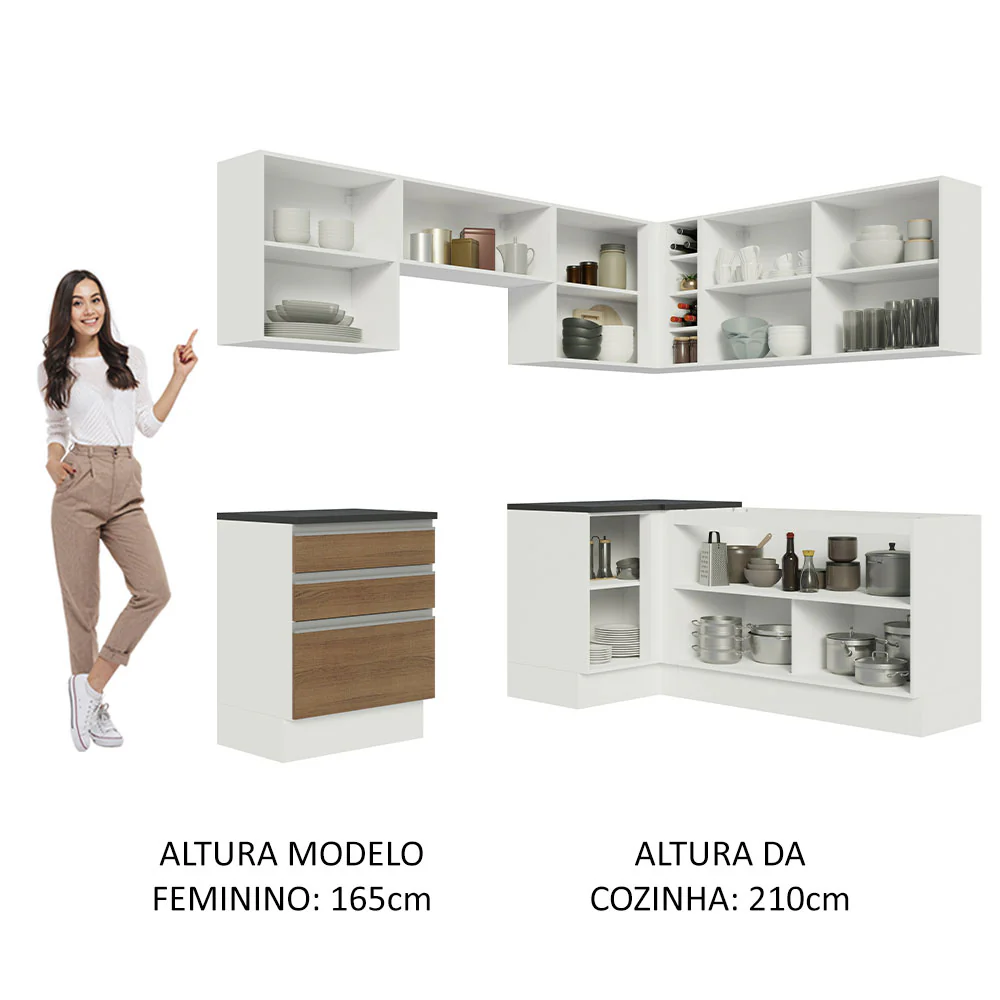 Armário de Cozinha Completa de Canto 100% MDF 409cm Branco/Rustic Acordes Madesa 01 - Image 5