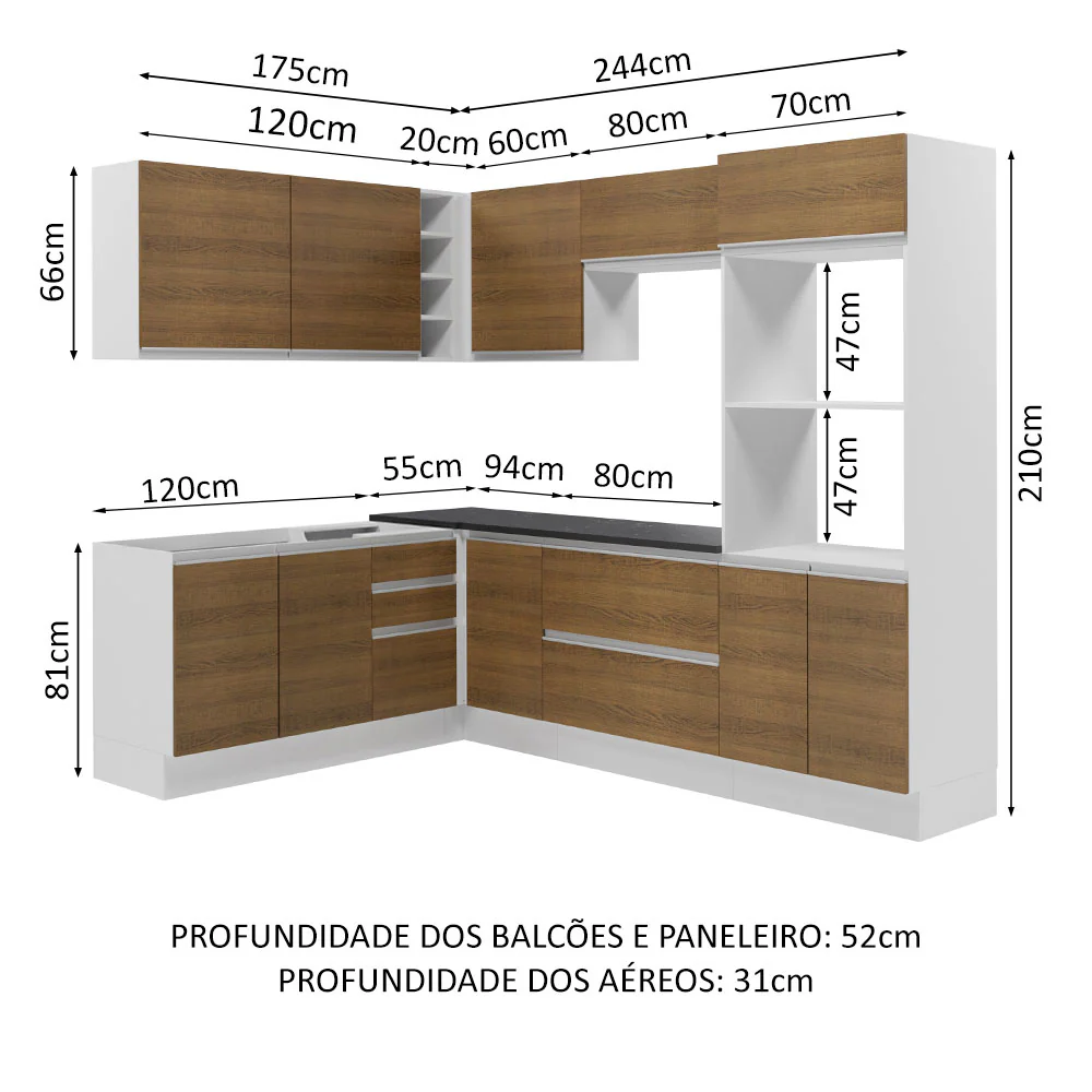 Armário de Cozinha Completa de Canto 100% MDF 419cm Branco/Rustic Acordes Madesa 03 - Image 3