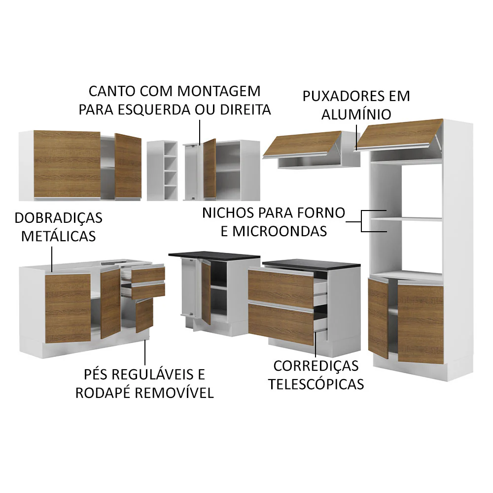 Armário de Cozinha Completa de Canto 100% MDF 419cm Branco/Rustic Acordes Madesa 03 - Image 4