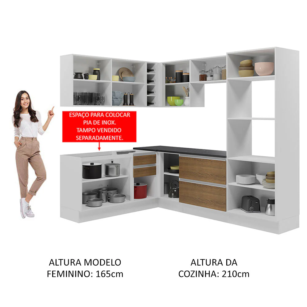 Armário de Cozinha Completa de Canto 100% MDF 419cm Branco/Rustic Acordes Madesa 03 - Image 5