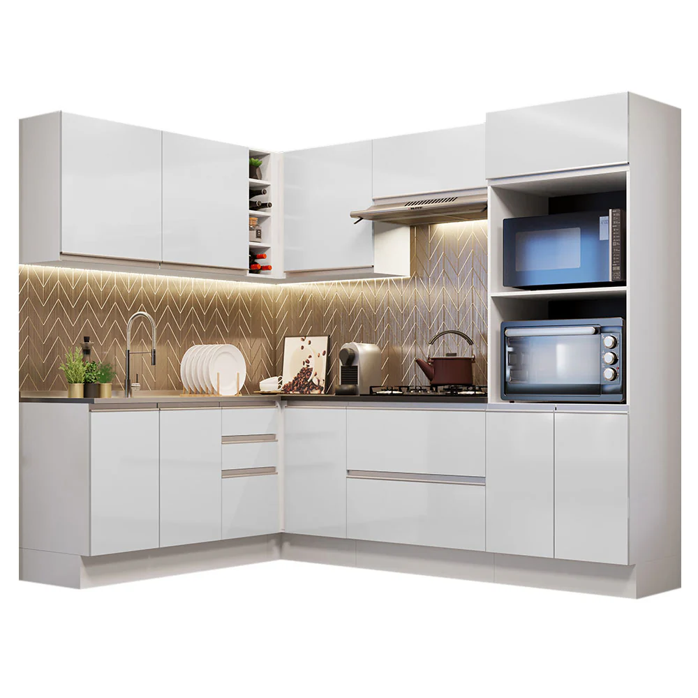 Armário de Cozinha Completa de Canto 100% MDF 419cm Frentes Branco Brilho Acordes Madesa 03 - Image 2