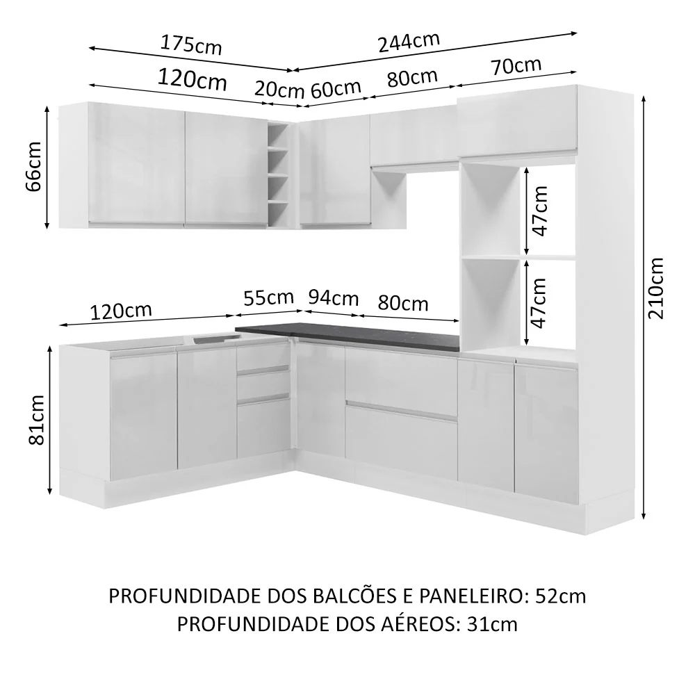 Armário de Cozinha Completa de Canto 100% MDF 419cm Frentes Branco Brilho Acordes Madesa 03 - Image 3