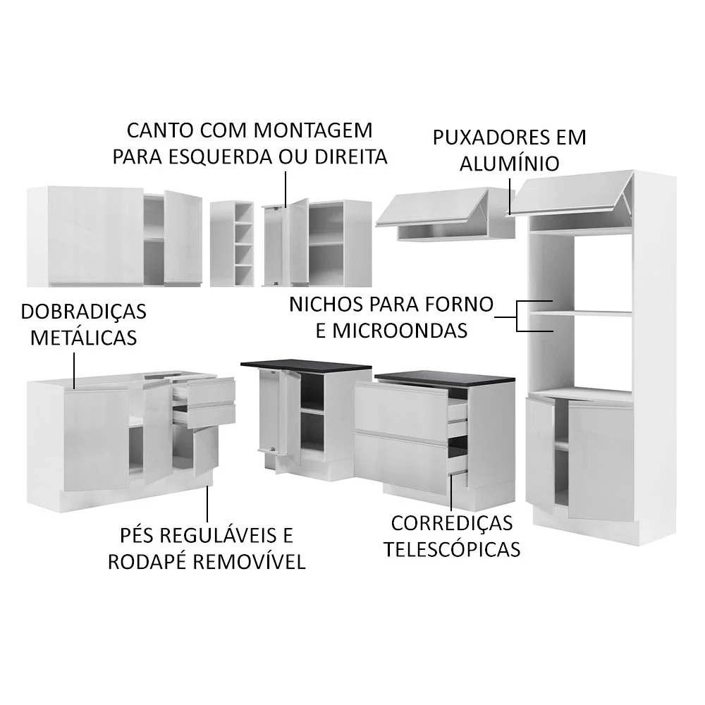 Armário de Cozinha Completa de Canto 100% MDF 419cm Frentes Branco Brilho Acordes Madesa 03 - Image 4