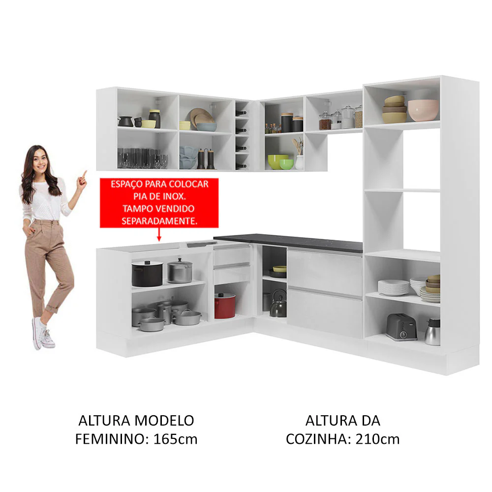 Armário de Cozinha Completa de Canto 100% MDF 419cm Frentes Branco Brilho Acordes Madesa 03 - Image 5