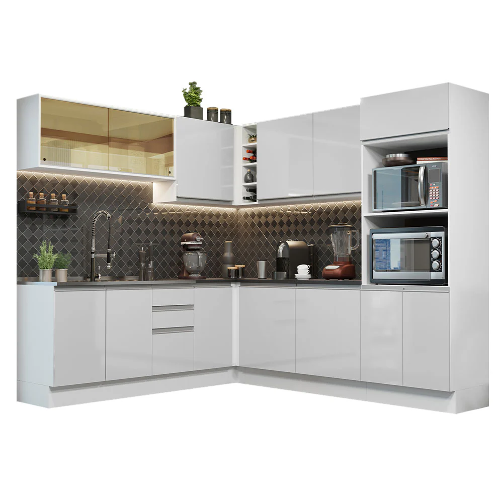Armário de Cozinha Completa de Canto 100% MDF 459cm Frentes Branco Brilho Acordes Madesa 01 - Image 2