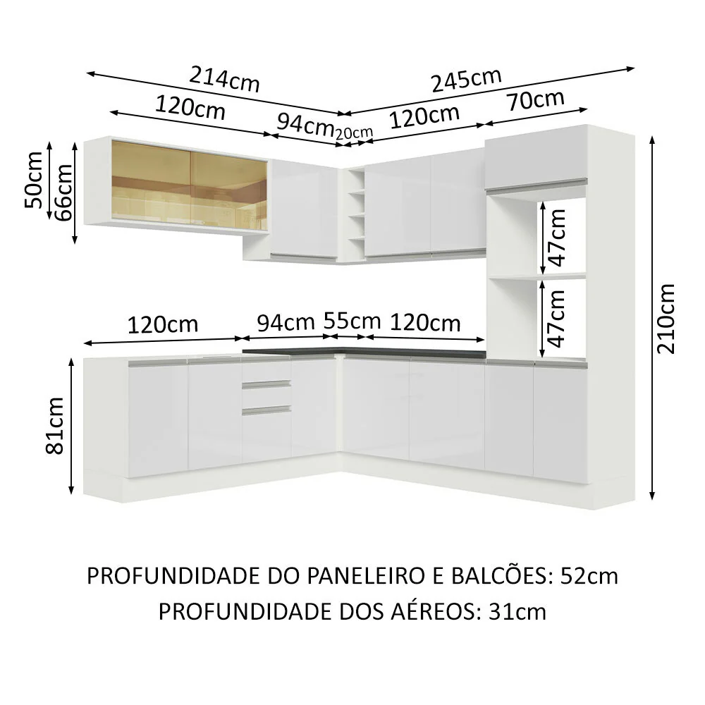 Armário de Cozinha Completa de Canto 100% MDF 459cm Frentes Branco Brilho Acordes Madesa 01 - Image 3