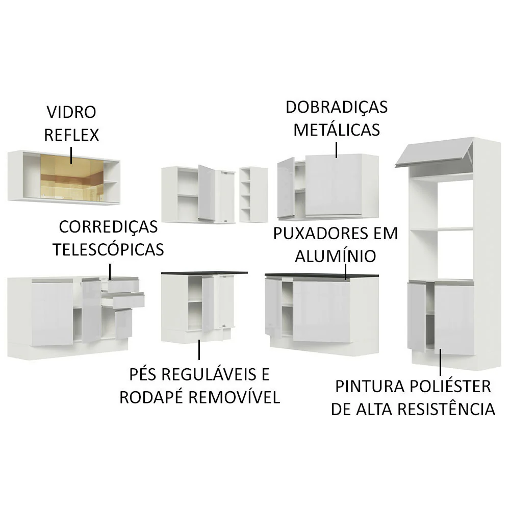 Armário de Cozinha Completa de Canto 100% MDF 459cm Frentes Branco Brilho Acordes Madesa 01 - Image 4