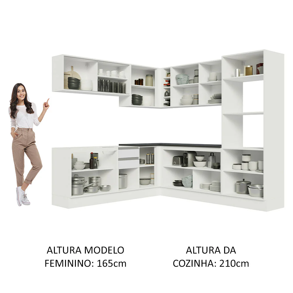 Armário de Cozinha Completa de Canto 100% MDF 459cm Frentes Branco Brilho Acordes Madesa 01 - Image 5