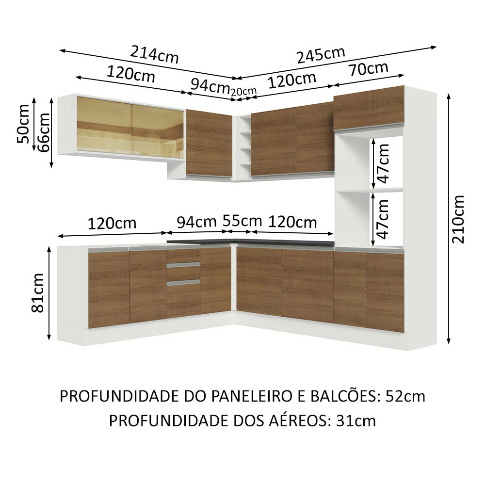 Armário de Cozinha Completa de Canto 100% MDF 459cm Branco/Rustic Acordes Madesa 01 - Image 3
