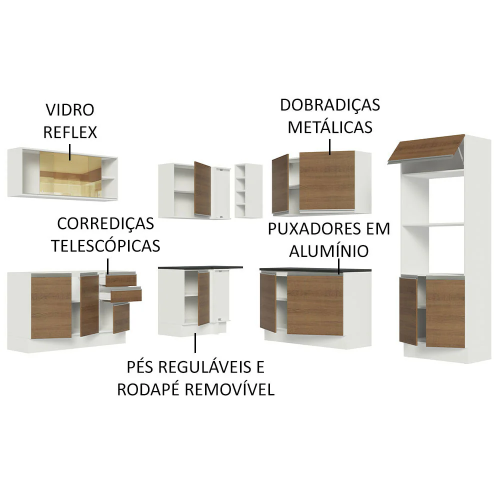 Armário de Cozinha Completa de Canto 100% MDF 459cm Branco/Rustic Acordes Madesa 01 - Image 4