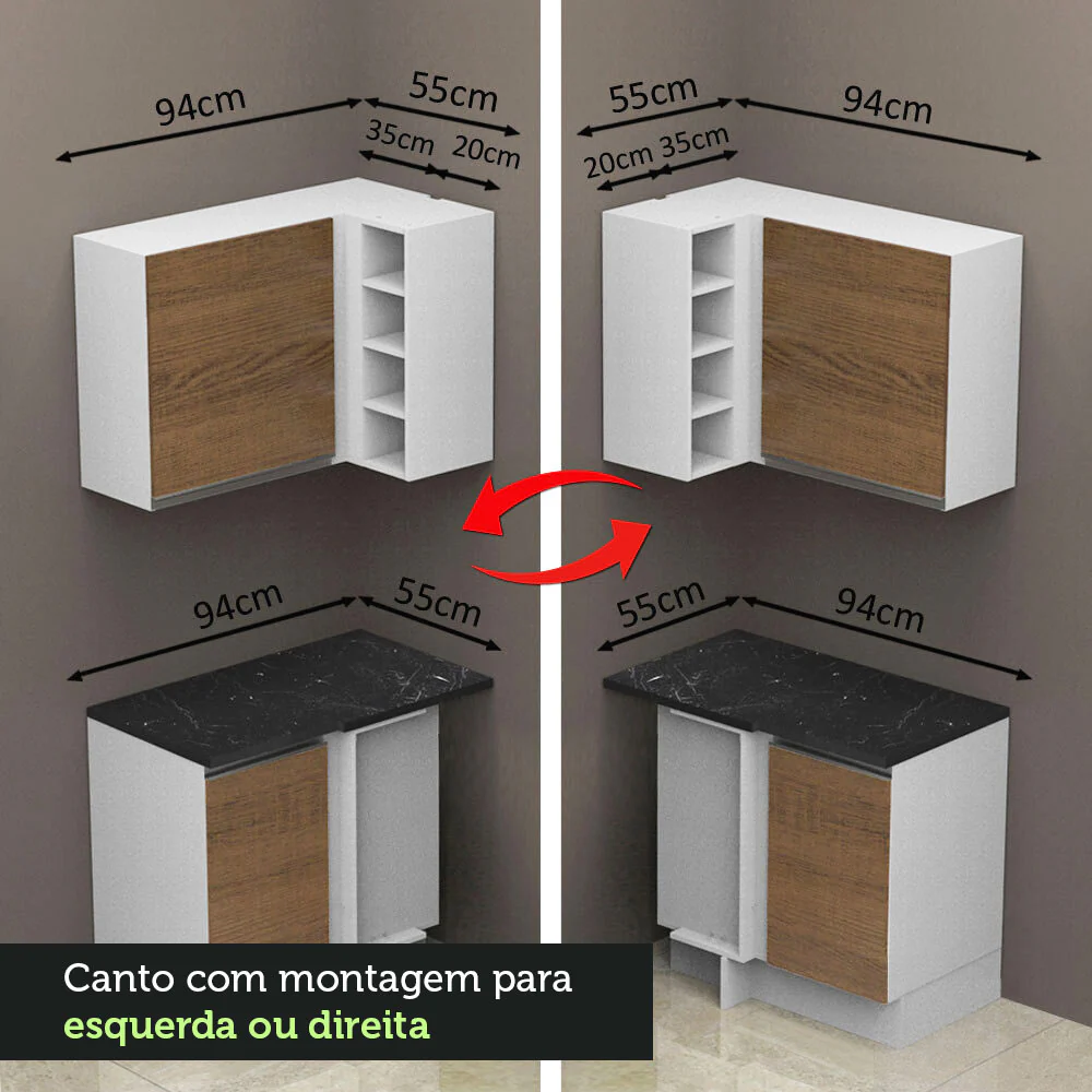 Armário de Cozinha Completa de Canto 100% MDF 459cm Branco/Rustic Acordes Madesa 01 - Image 8