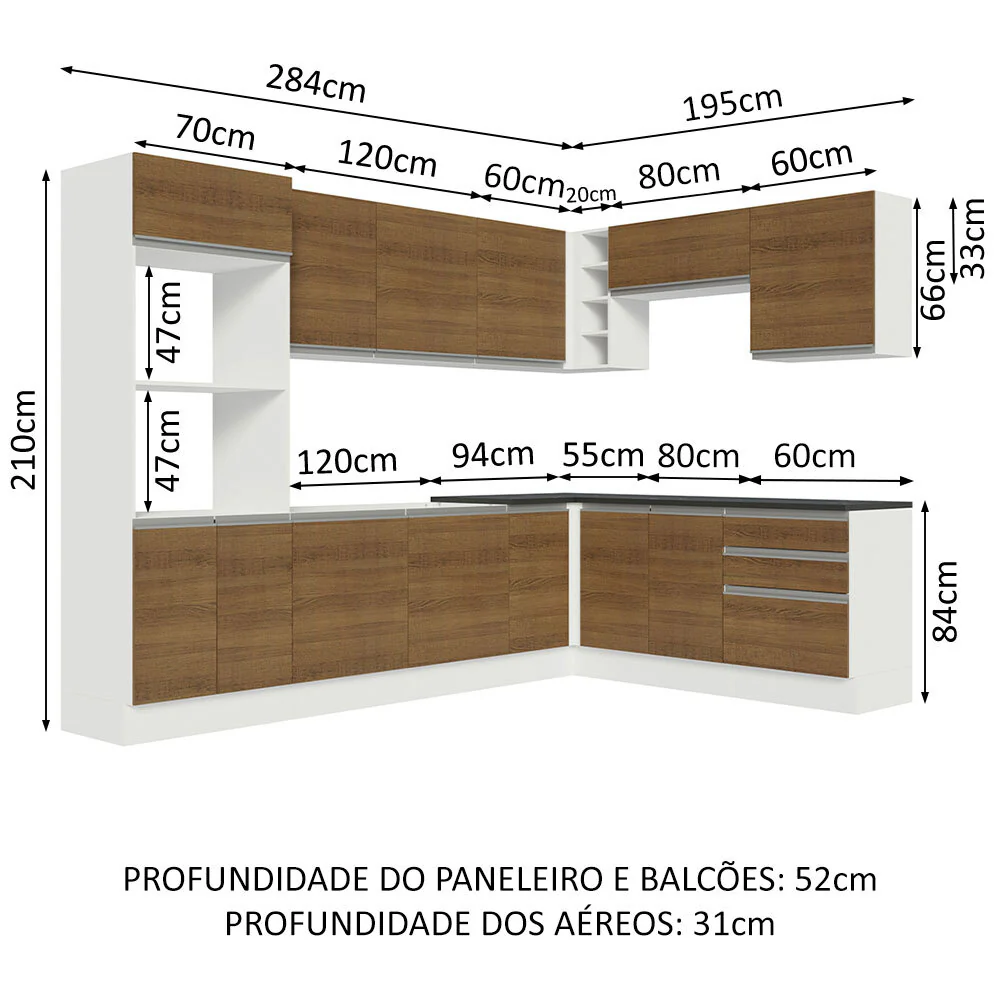 Armário de Cozinha Completa de Canto 100% MDF 479cm Branco/Rustic Acordes Madesa 03 - Image 3