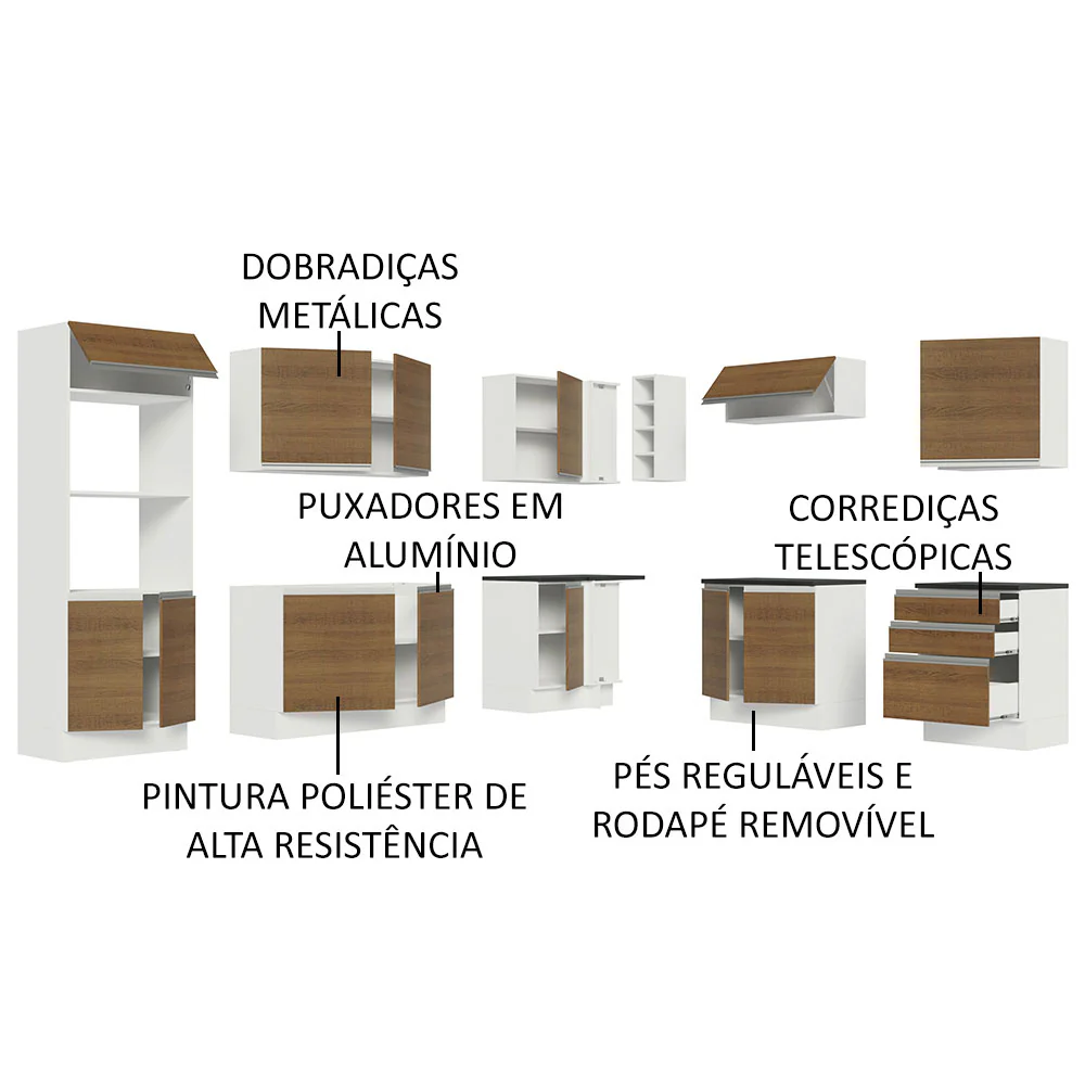 Armário de Cozinha Completa de Canto 100% MDF 479cm Branco/Rustic Acordes Madesa 03 - Image 4