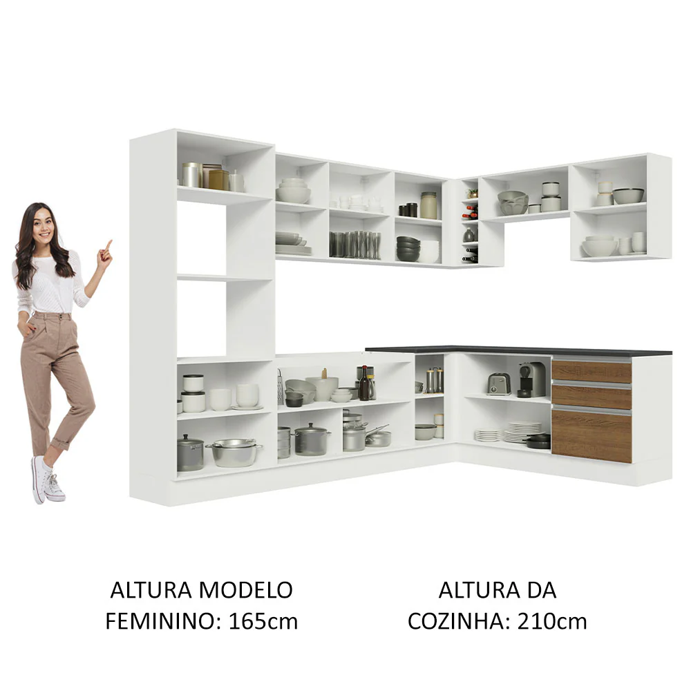 Armário de Cozinha Completa de Canto 100% MDF 479cm Branco/Rustic Acordes Madesa 03 - Image 5