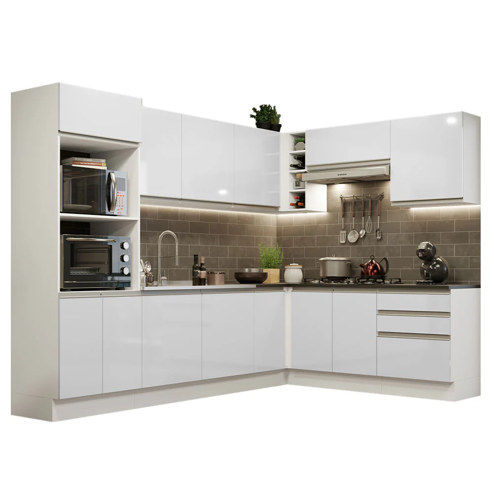 Armário de Cozinha Completa de Canto 100% MDF 479cm Frentes Branco Brilho Acordes Madesa 03 - Image 2