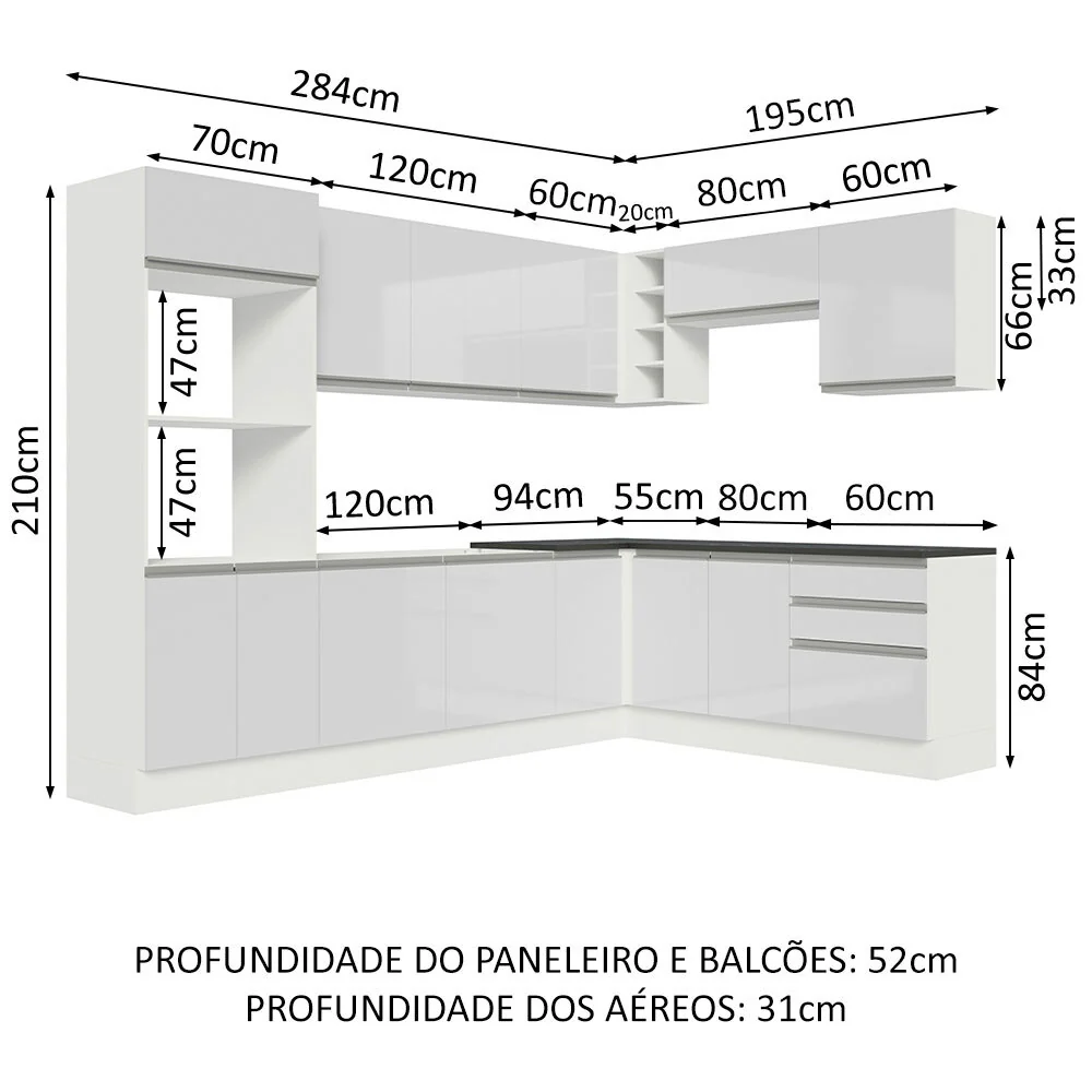 Armário de Cozinha Completa de Canto 100% MDF 479cm Frentes Branco Brilho Acordes Madesa 03 - Image 3