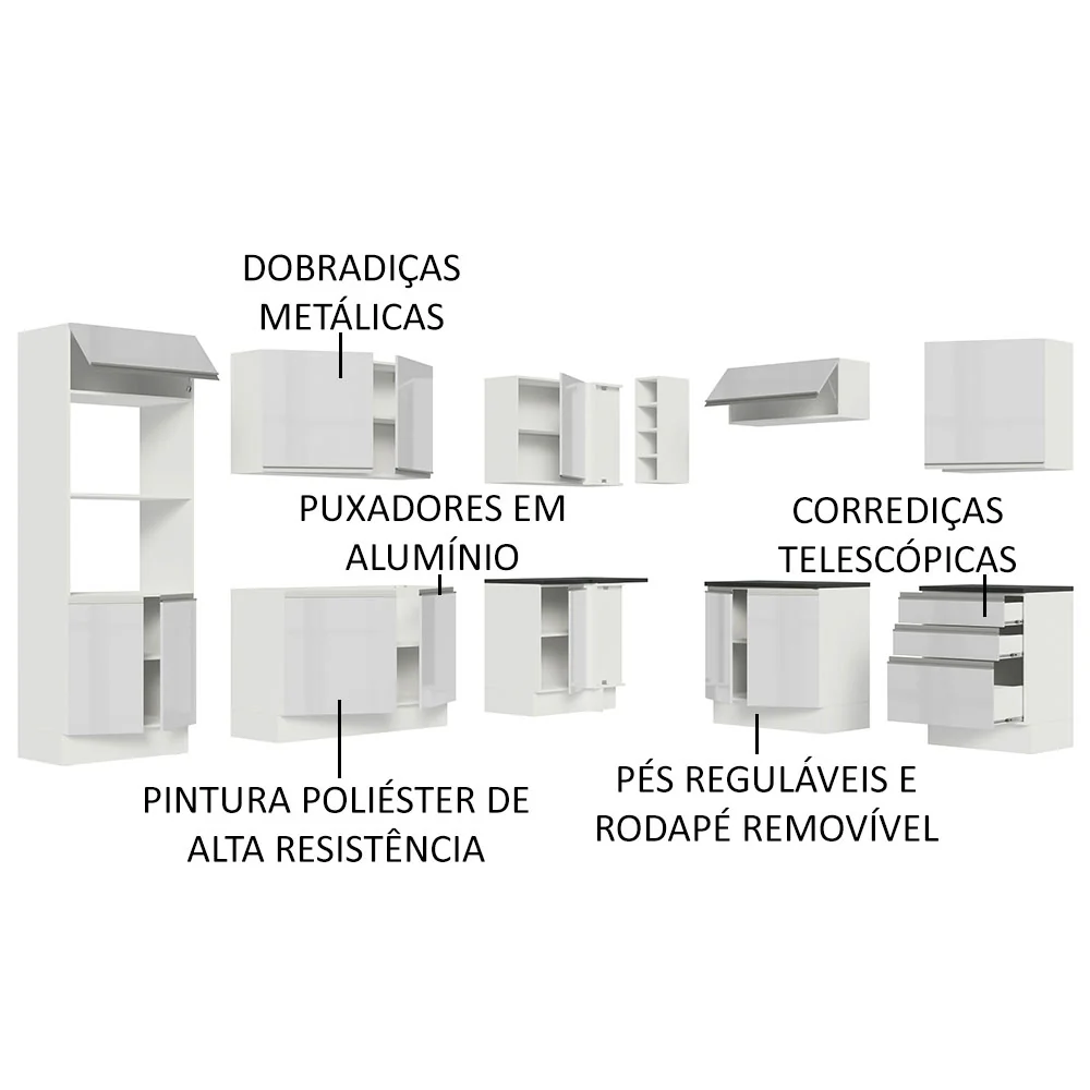 Armário de Cozinha Completa de Canto 100% MDF 479cm Frentes Branco Brilho Acordes Madesa 03 - Image 4