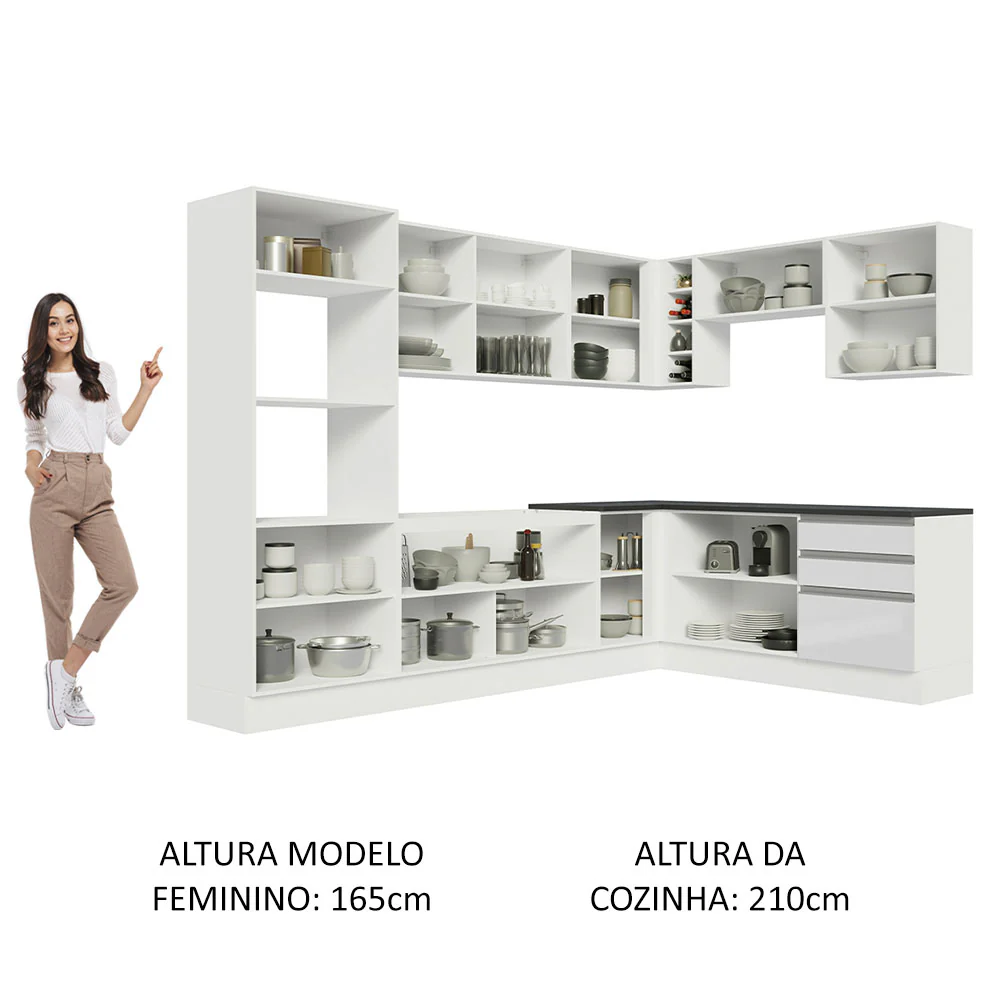 Armário de Cozinha Completa de Canto 100% MDF 479cm Frentes Branco Brilho Acordes Madesa 03 - Image 5