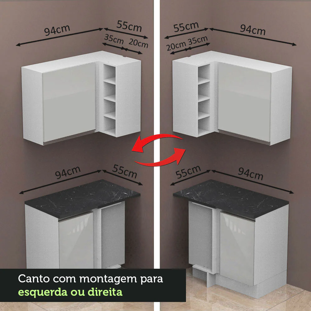 Armário de Cozinha Completa de Canto 100% MDF 479cm Frentes Branco Brilho Acordes Madesa 03 - Image 8