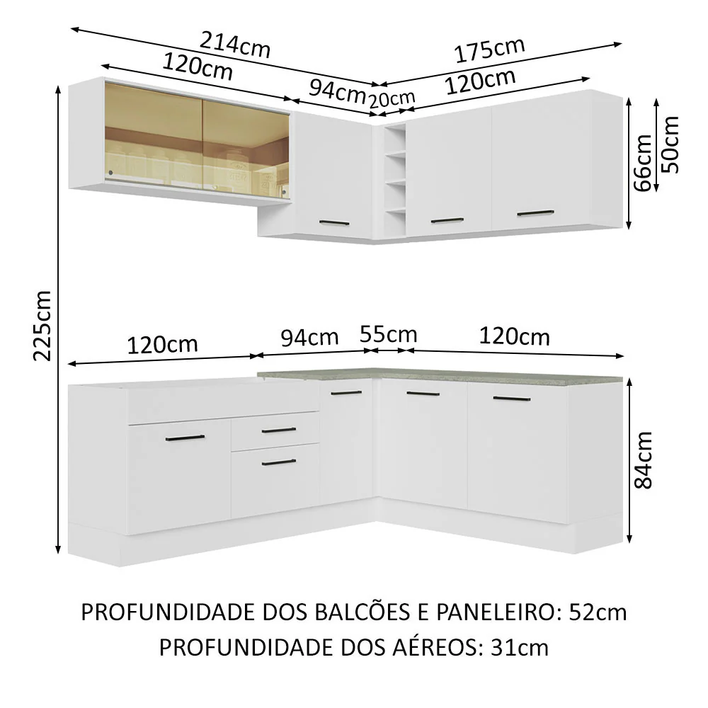 Armário de Cozinha Completa de Canto 389cm Branco Agata Madesa 01 - Image 3