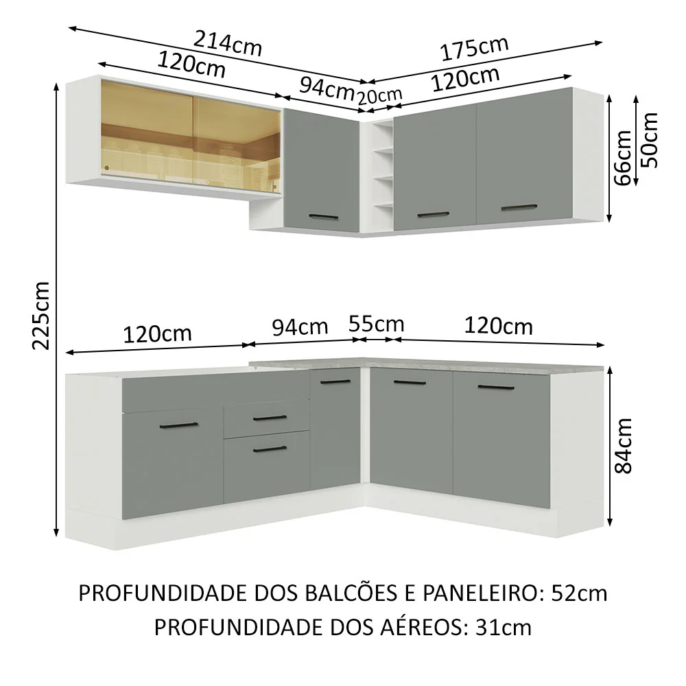Armário de Cozinha Completa de Canto 389cm Branco Cinza Agata Madesa 01 - Image 3