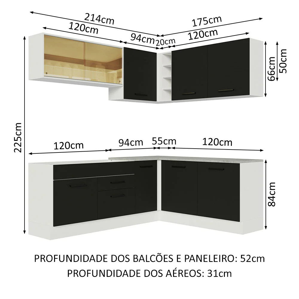 Armário de Cozinha Completa de Canto 389cm Branco Preto Agata Madesa 01 - Image 3