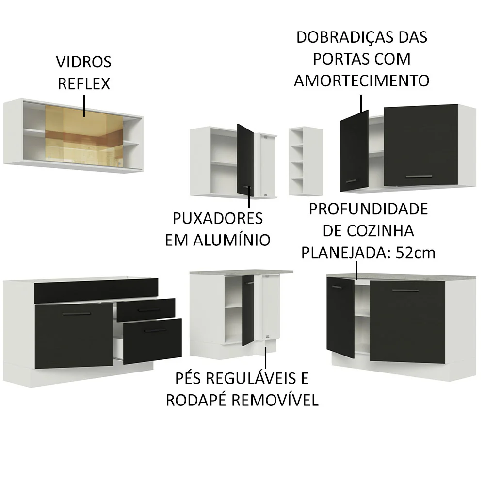 Armário de Cozinha Completa de Canto 389cm Branco Preto Agata Madesa 01 - Image 4