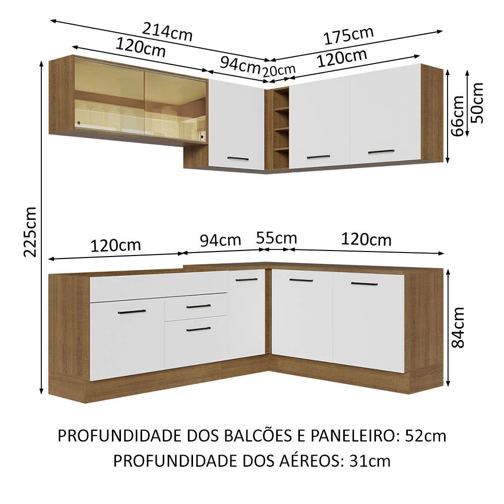 Armário de Cozinha Completa de Canto 389cm Rustic Branco Agata Madesa 01 - Image 3